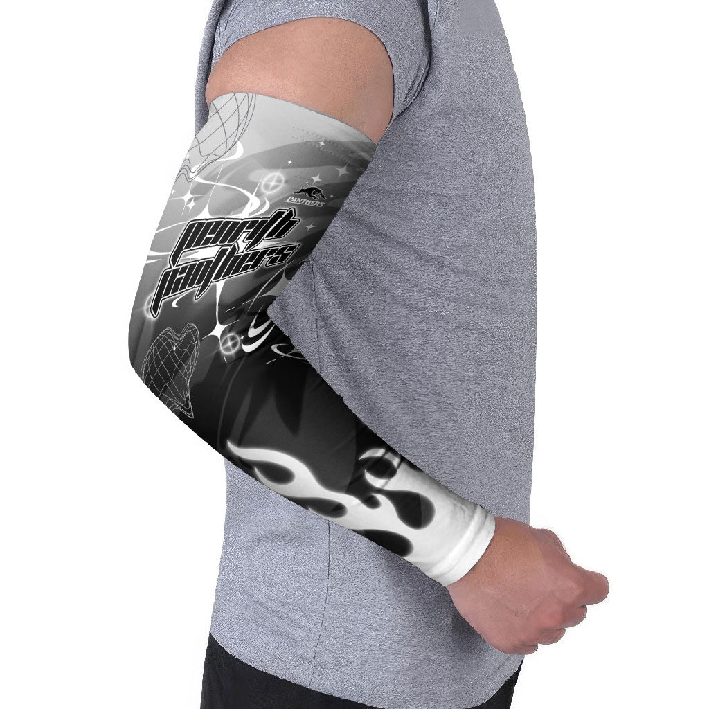 Personalized Penrith Panthers Arm Sleeves Y2K Grunge Aesthetic With Cyber Flames and Starburst Graphics