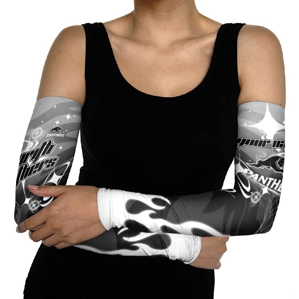 Personalized Penrith Panthers Arm Sleeves Y2K Grunge Aesthetic With Cyber Flames and Starburst Graphics