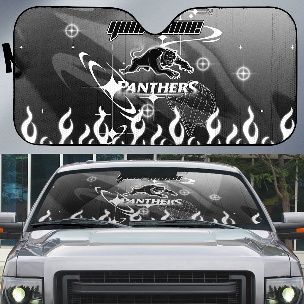 Personalized Penrith Panthers Auto Sun Shade Y2K Grunge Aesthetic With Cyber Flames and Starburst Graphics