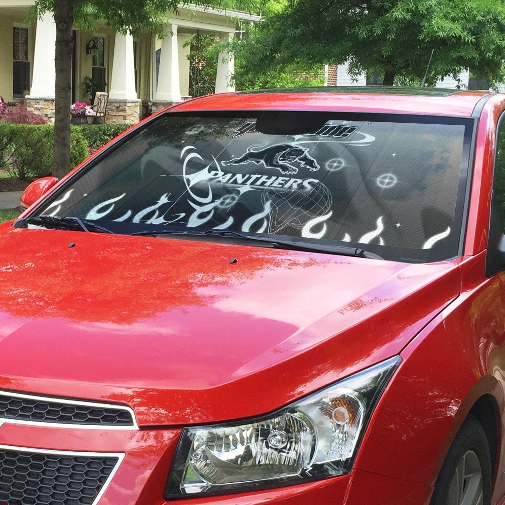 Personalized Penrith Panthers Auto Sun Shade Y2K Grunge Aesthetic With Cyber Flames and Starburst Graphics