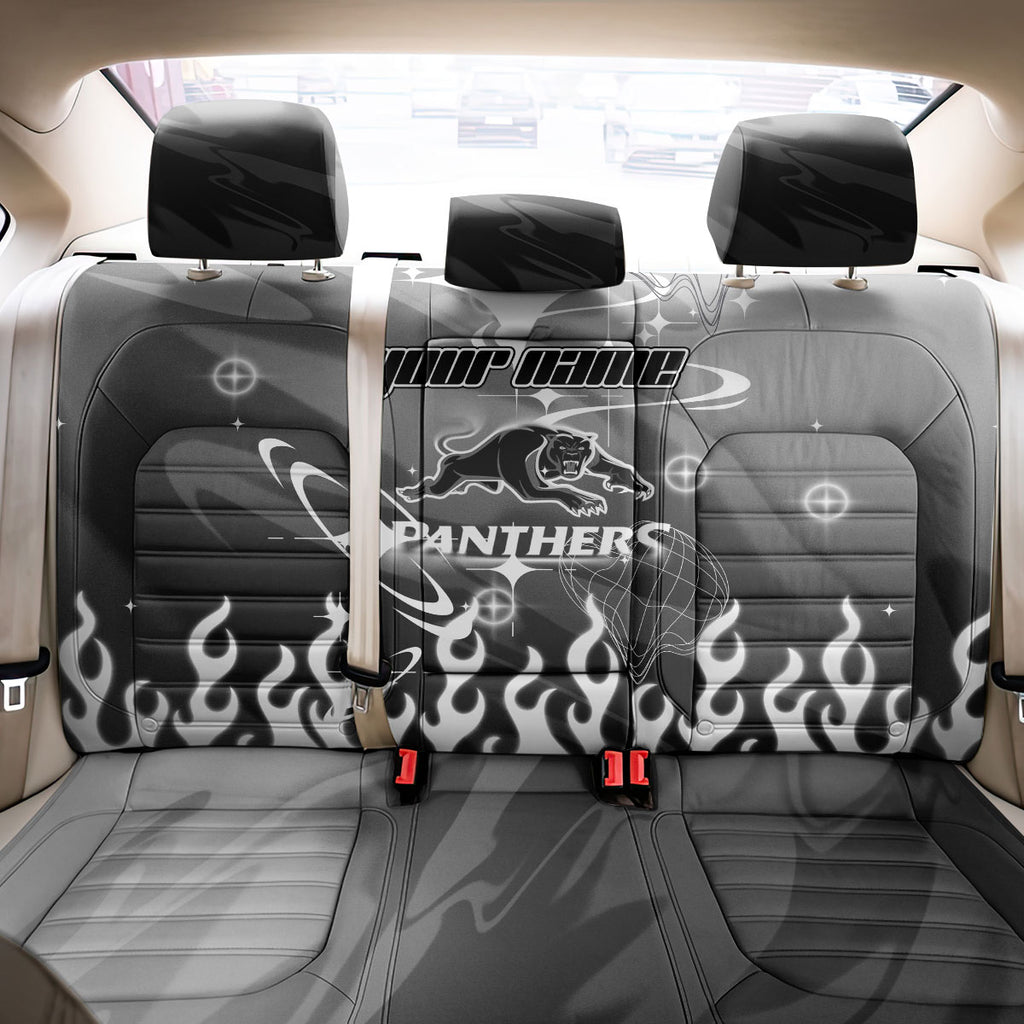 Personalized Penrith Panthers Back Car Seat Cover Y2K Grunge Aesthetic With Cyber Flames and Starburst Graphics