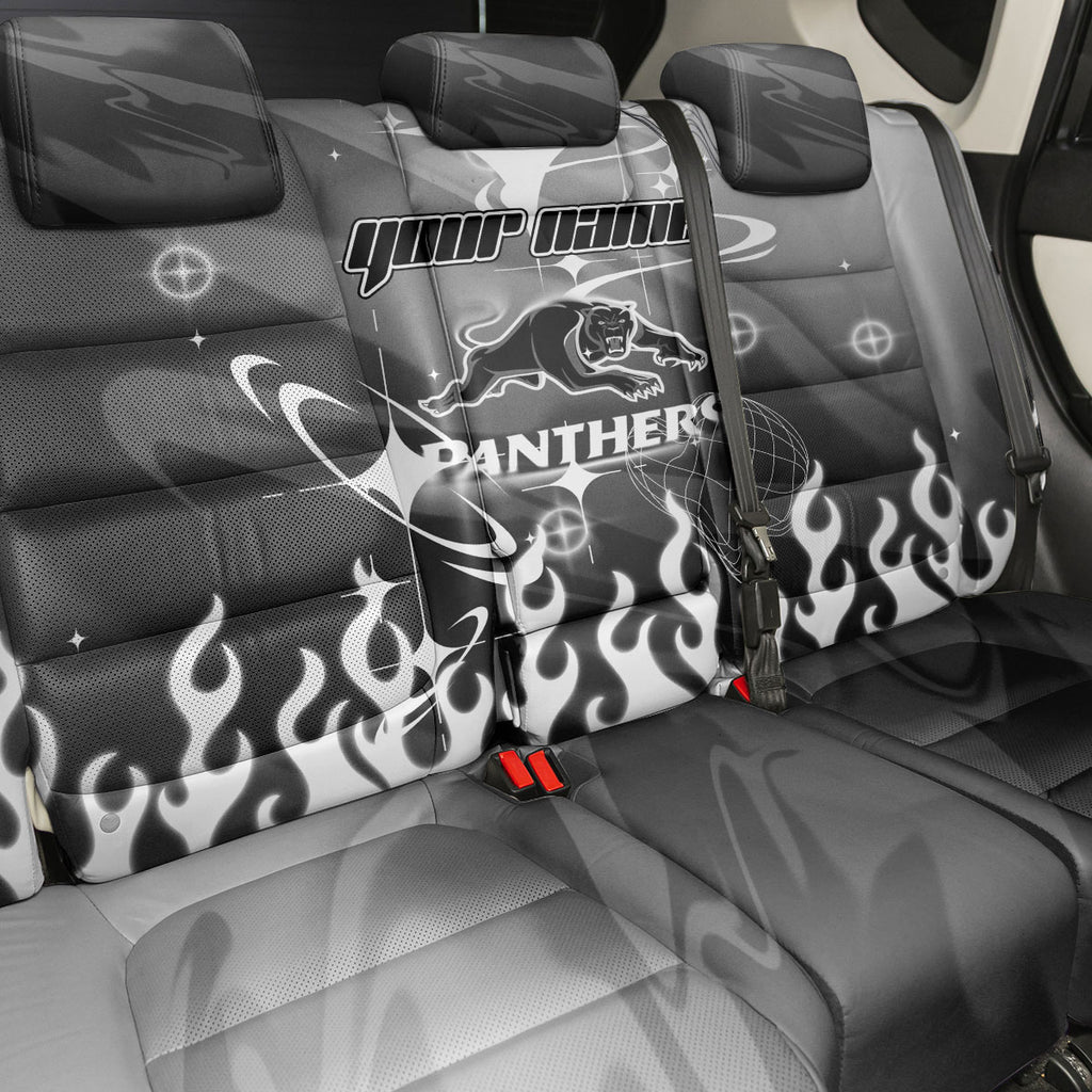 Personalized Penrith Panthers Back Car Seat Cover Y2K Grunge Aesthetic With Cyber Flames and Starburst Graphics