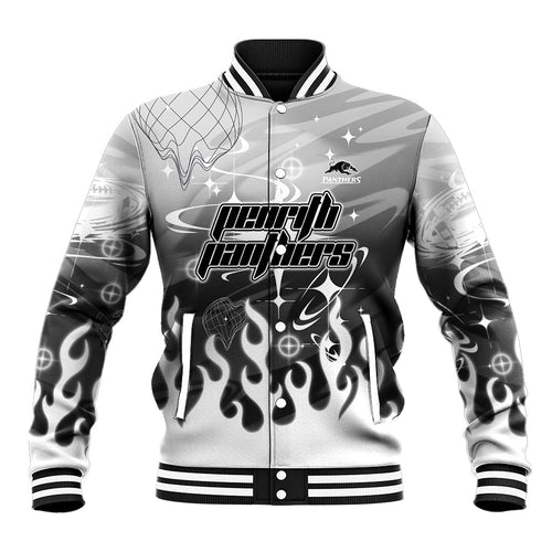 Personalized Penrith Panthers Baseball Jacket Y2K Grunge Aesthetic With Cyber Flames and Starburst Graphics