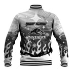 Personalized Penrith Panthers Baseball Jacket Y2K Grunge Aesthetic With Cyber Flames and Starburst Graphics