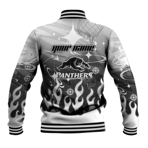 Personalized Penrith Panthers Baseball Jacket Y2K Grunge Aesthetic With Cyber Flames and Starburst Graphics
