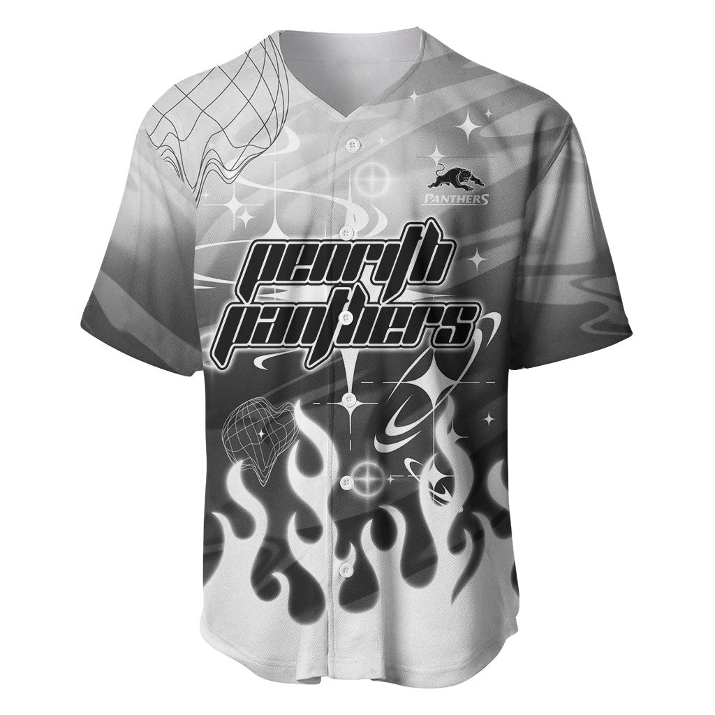 Personalized Penrith Panthers Baseball Jersey Y2K Grunge Aesthetic With Cyber Flames and Starburst Graphics
