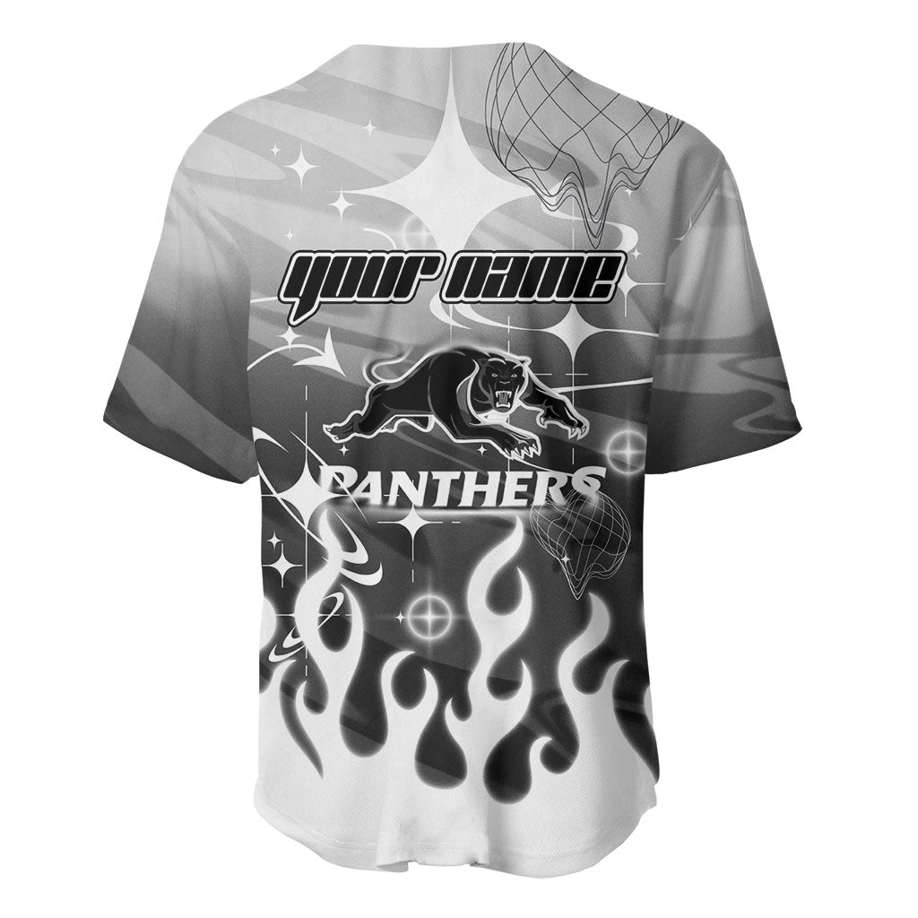 Personalized Penrith Panthers Baseball Jersey Y2K Grunge Aesthetic With Cyber Flames and Starburst Graphics