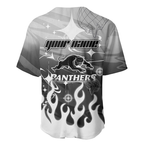 Personalized Penrith Panthers Baseball Jersey Y2K Grunge Aesthetic With Cyber Flames and Starburst Graphics