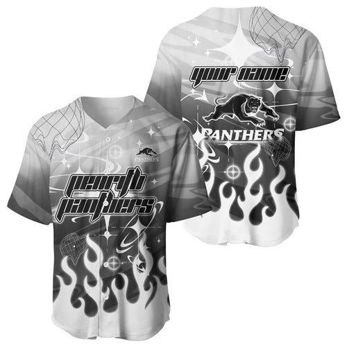 Personalized Penrith Panthers Baseball Jersey Y2K Grunge Aesthetic With Cyber Flames and Starburst Graphics