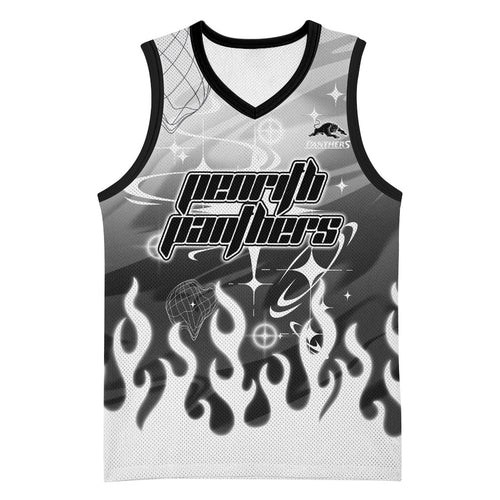 Personalized Penrith Panthers Basketball Jersey Y2K Grunge Aesthetic With Cyber Flames and Starburst Graphics