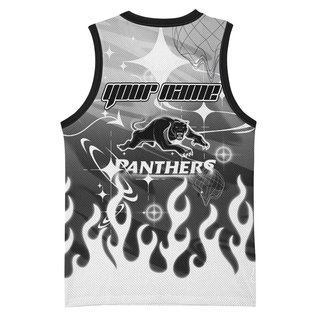 Personalized Penrith Panthers Basketball Jersey Y2K Grunge Aesthetic With Cyber Flames and Starburst Graphics