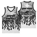Personalized Penrith Panthers Basketball Jersey Y2K Grunge Aesthetic With Cyber Flames and Starburst Graphics