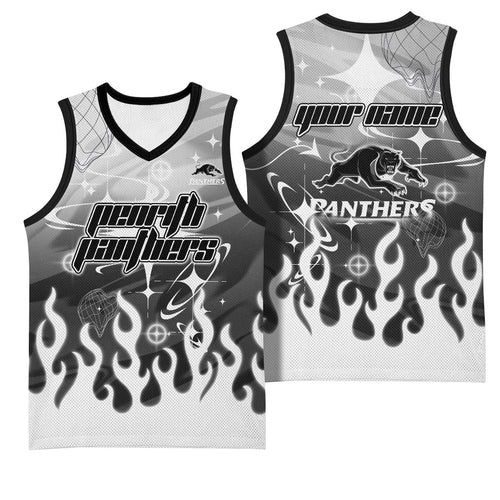 Personalized Penrith Panthers Basketball Jersey Y2K Grunge Aesthetic With Cyber Flames and Starburst Graphics