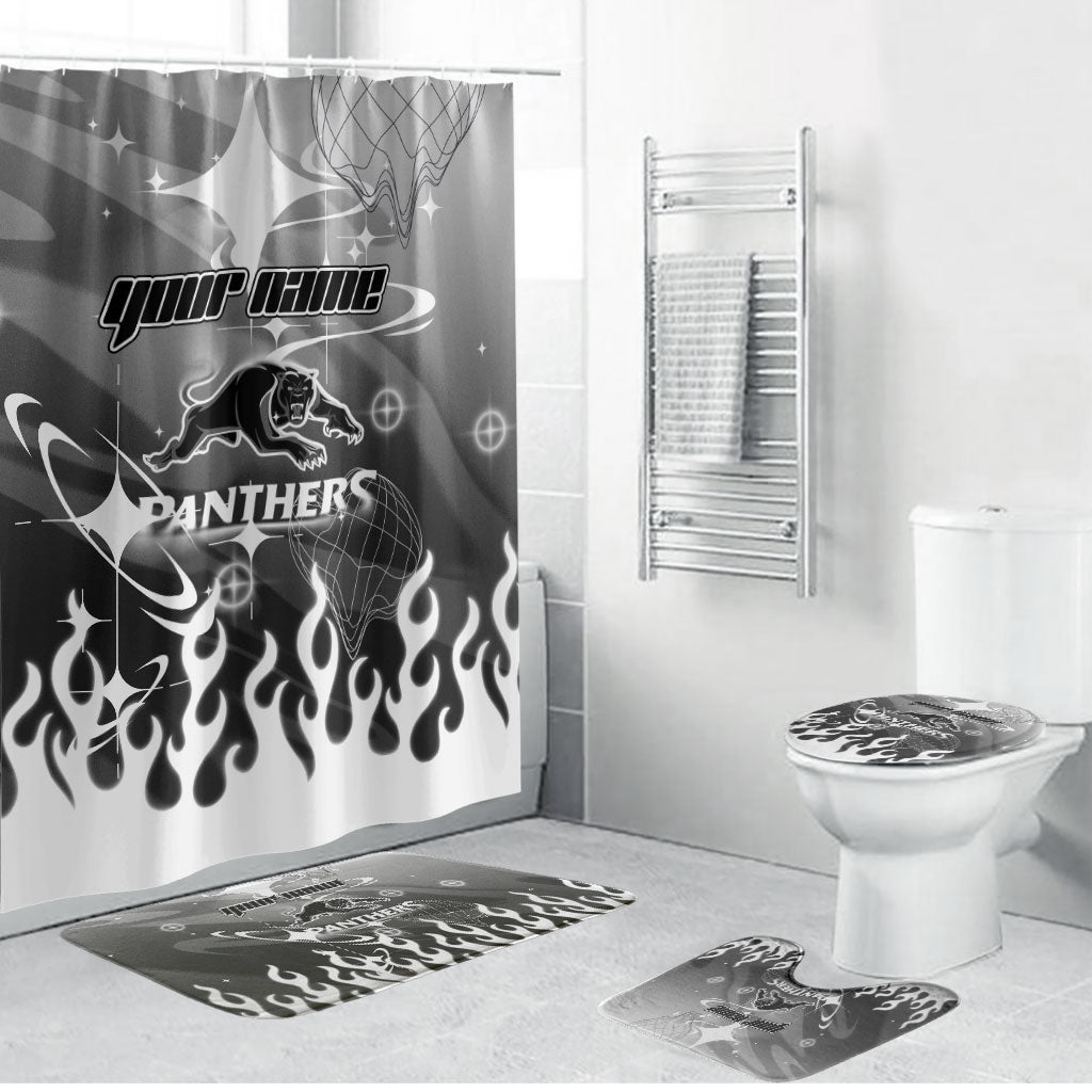 Personalized Penrith Panthers Bathroom Set Y2K Grunge Aesthetic With Cyber Flames and Starburst Graphics