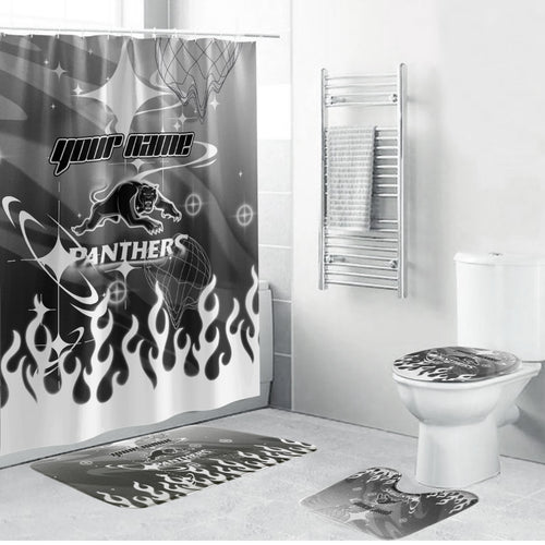 Personalized Penrith Panthers Bathroom Set Y2K Grunge Aesthetic With Cyber Flames and Starburst Graphics