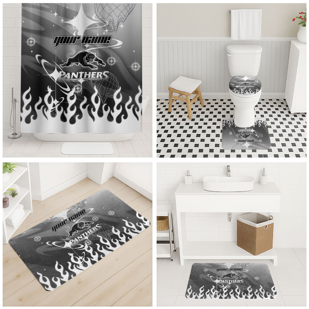 Personalized Penrith Panthers Bathroom Set Y2K Grunge Aesthetic With Cyber Flames and Starburst Graphics