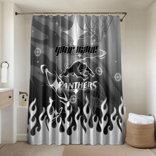 Personalized Penrith Panthers Bathroom Set Y2K Grunge Aesthetic With Cyber Flames and Starburst Graphics