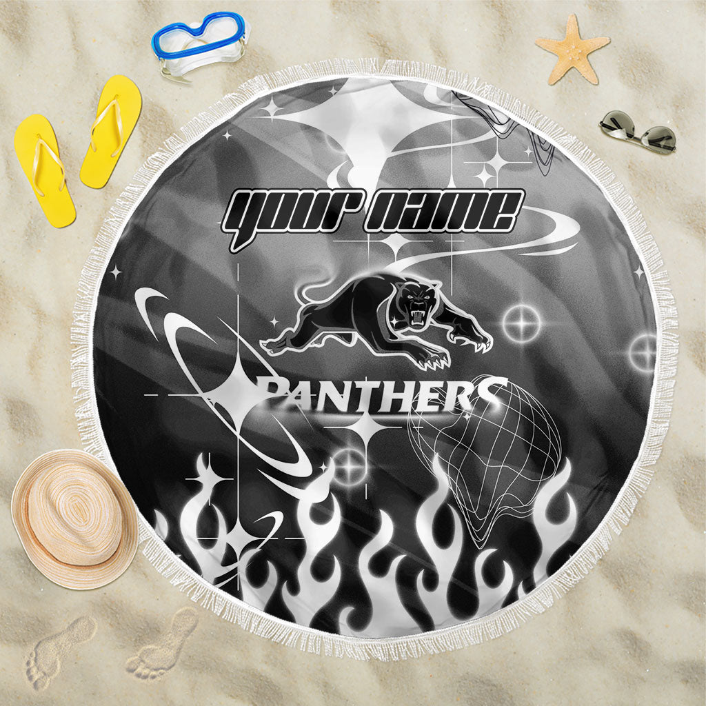 Personalized Penrith Panthers Beach Blanket Y2K Grunge Aesthetic With Cyber Flames and Starburst Graphics