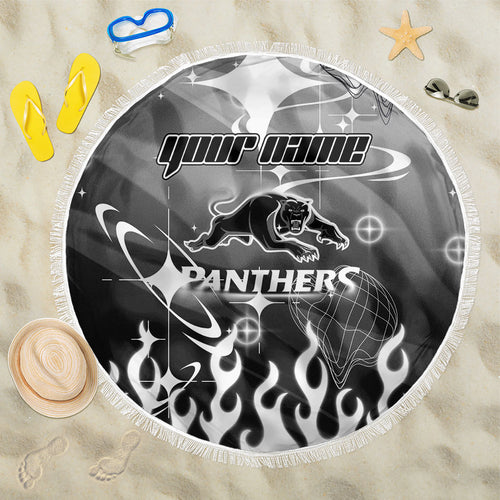 Personalized Penrith Panthers Beach Blanket Y2K Grunge Aesthetic With Cyber Flames and Starburst Graphics