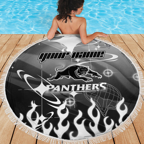 Personalized Penrith Panthers Beach Blanket Y2K Grunge Aesthetic With Cyber Flames and Starburst Graphics