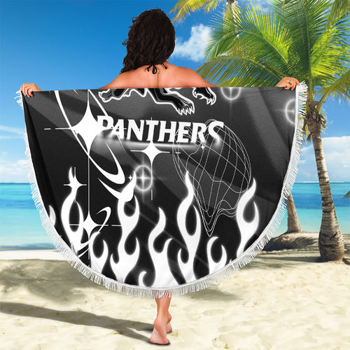 Personalized Penrith Panthers Beach Blanket Y2K Grunge Aesthetic With Cyber Flames and Starburst Graphics
