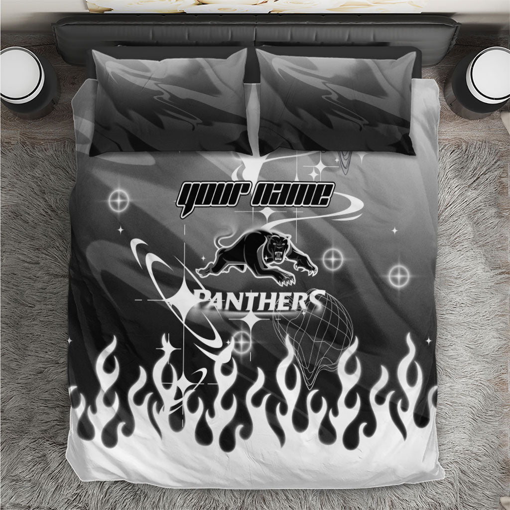 Personalized Penrith Panthers Bedding Set Y2K Grunge Aesthetic With Cyber Flames and Starburst Graphics