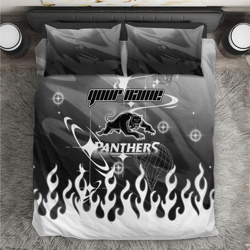Personalized Penrith Panthers Bedding Set Y2K Grunge Aesthetic With Cyber Flames and Starburst Graphics