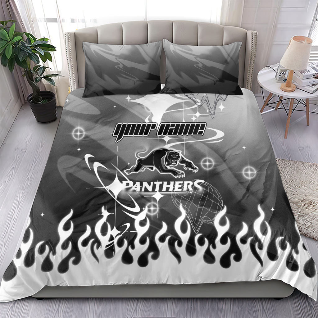 Personalized Penrith Panthers Bedding Set Y2K Grunge Aesthetic With Cyber Flames and Starburst Graphics
