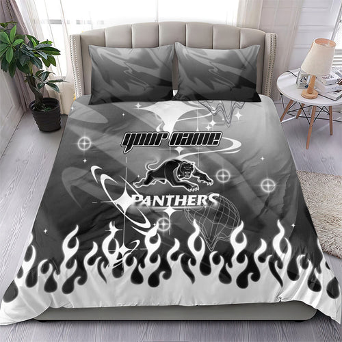 Personalized Penrith Panthers Bedding Set Y2K Grunge Aesthetic With Cyber Flames and Starburst Graphics