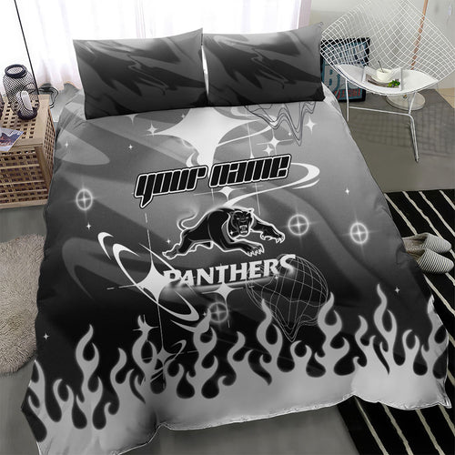 Personalized Penrith Panthers Bedding Set Y2K Grunge Aesthetic With Cyber Flames and Starburst Graphics