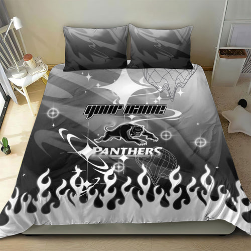 Personalized Penrith Panthers Bedding Set Y2K Grunge Aesthetic With Cyber Flames and Starburst Graphics