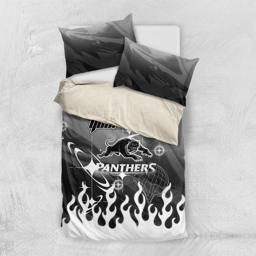 Personalized Penrith Panthers Bedding Set Y2K Grunge Aesthetic With Cyber Flames and Starburst Graphics