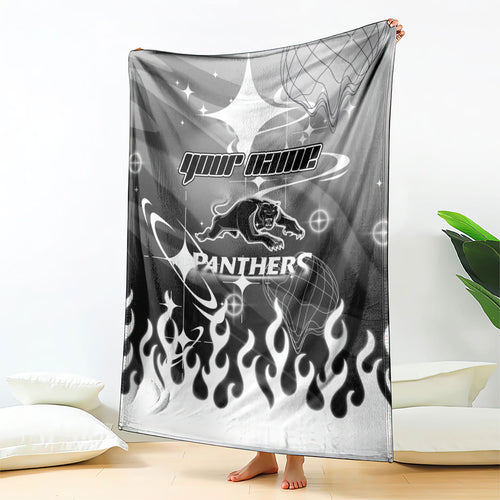 Personalized Penrith Panthers Blanket Y2K Grunge Aesthetic With Cyber Flames and Starburst Graphics