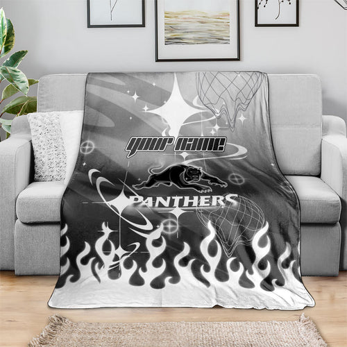 Personalized Penrith Panthers Blanket Y2K Grunge Aesthetic With Cyber Flames and Starburst Graphics