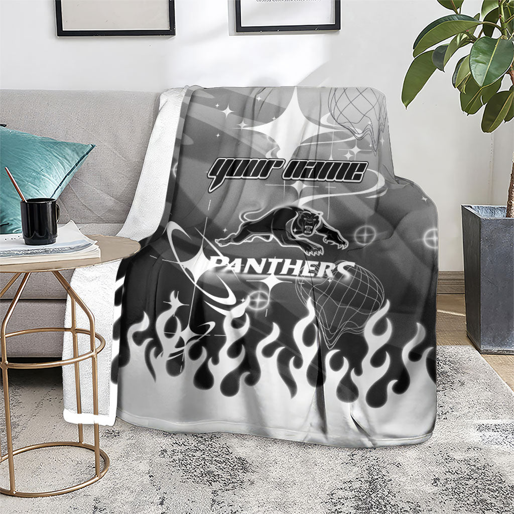 Personalized Penrith Panthers Blanket Y2K Grunge Aesthetic With Cyber Flames and Starburst Graphics