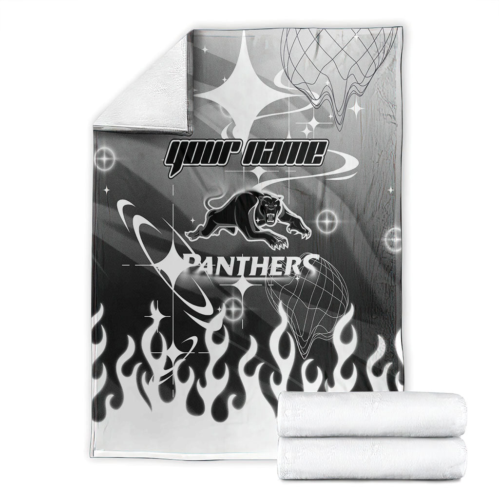 Personalized Penrith Panthers Blanket Y2K Grunge Aesthetic With Cyber Flames and Starburst Graphics