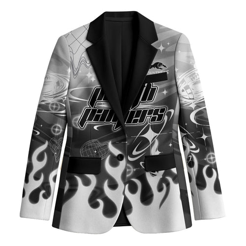 Personalized Penrith Panthers Blazer Y2K Grunge Aesthetic With Cyber Flames and Starburst Graphics