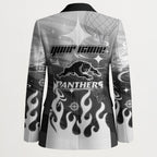 Personalized Penrith Panthers Blazer Y2K Grunge Aesthetic With Cyber Flames and Starburst Graphics