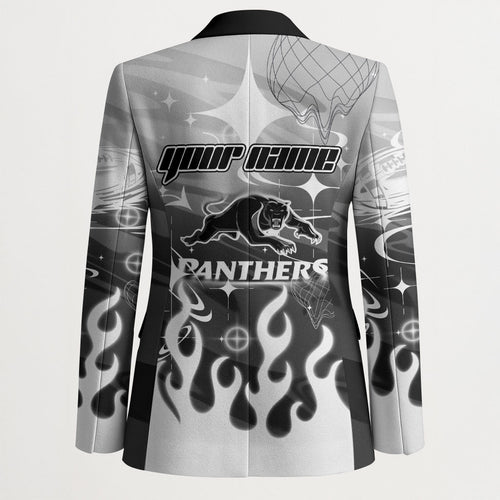 Personalized Penrith Panthers Blazer Y2K Grunge Aesthetic With Cyber Flames and Starburst Graphics