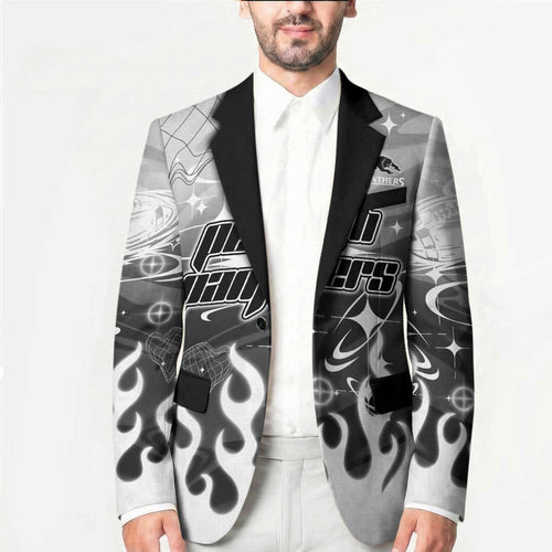 Personalized Penrith Panthers Blazer Y2K Grunge Aesthetic With Cyber Flames and Starburst Graphics