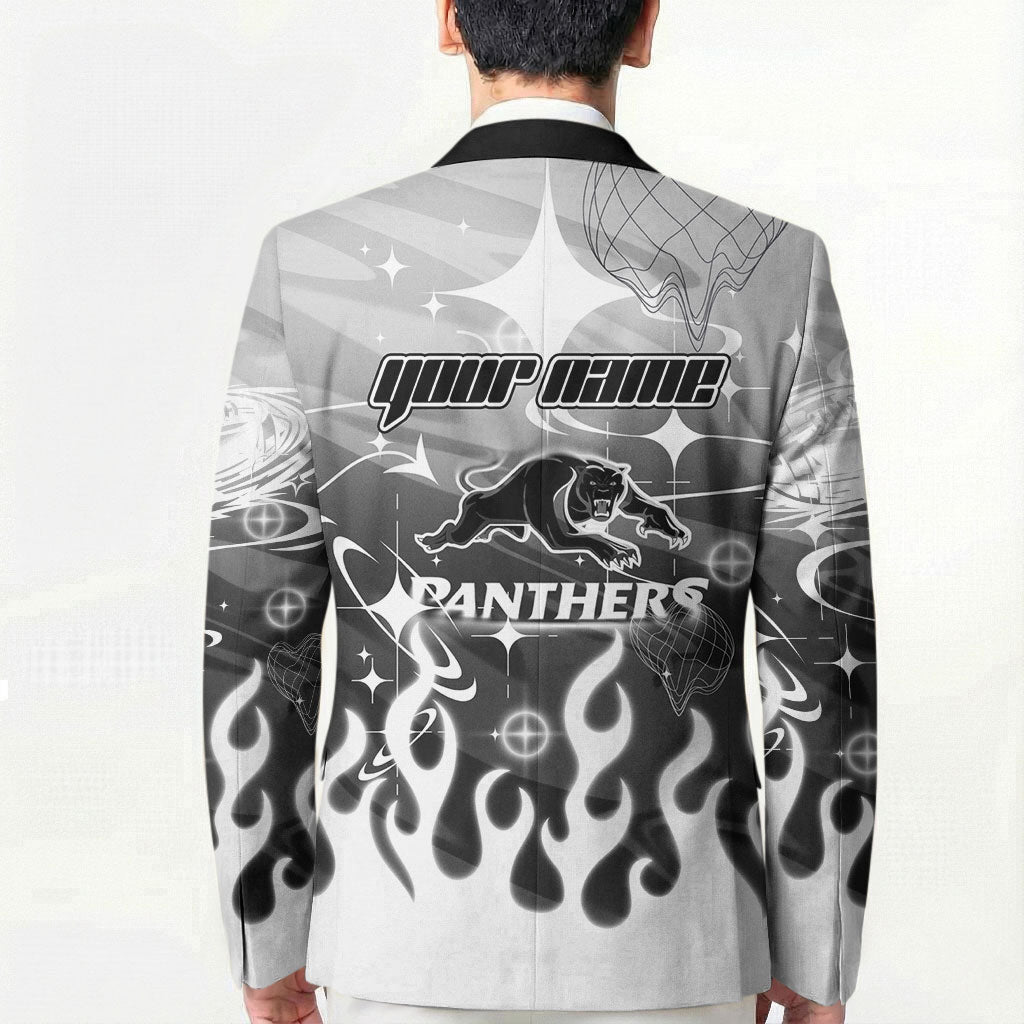 Personalized Penrith Panthers Blazer Y2K Grunge Aesthetic With Cyber Flames and Starburst Graphics