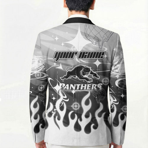 Personalized Penrith Panthers Blazer Y2K Grunge Aesthetic With Cyber Flames and Starburst Graphics