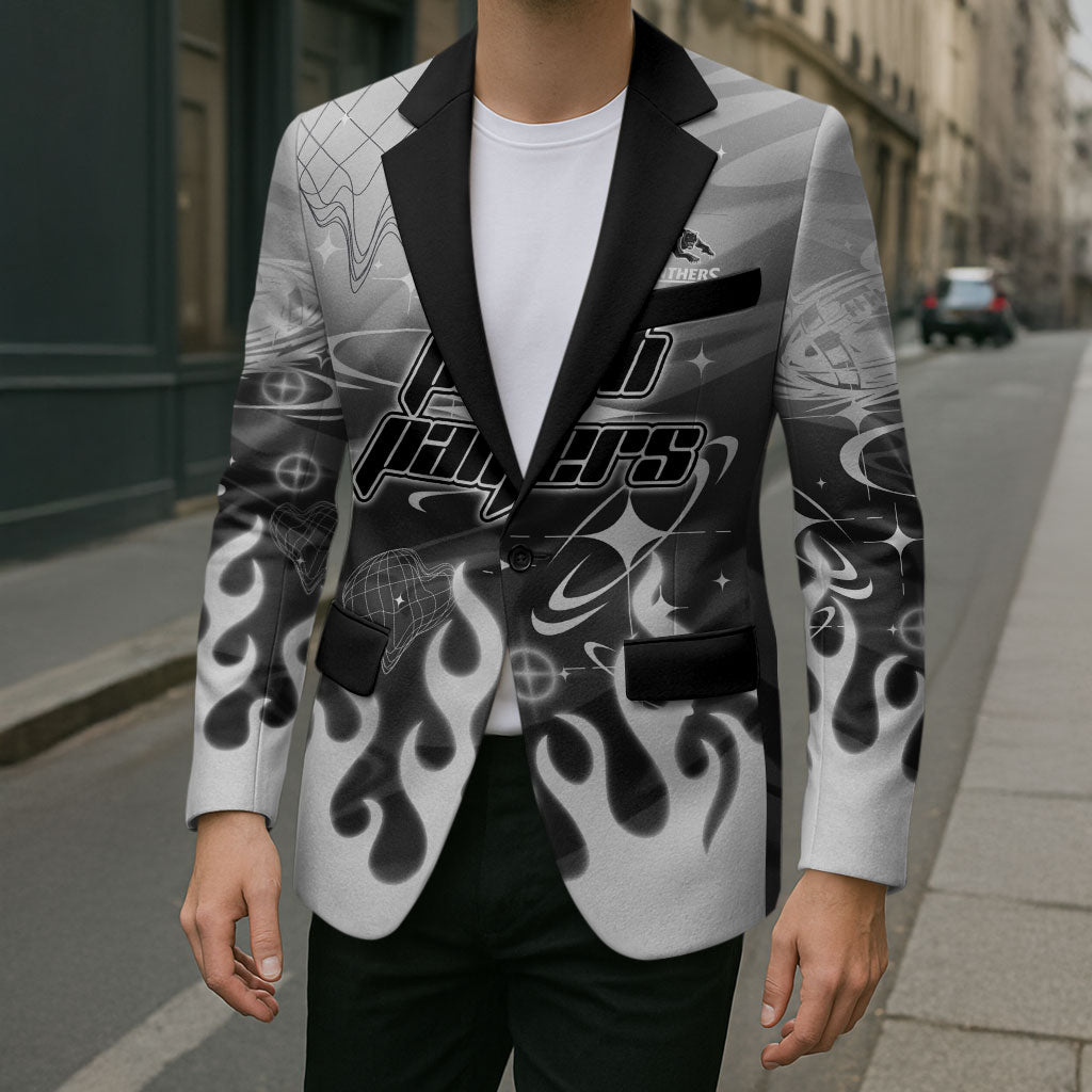 Personalized Penrith Panthers Blazer Y2K Grunge Aesthetic With Cyber Flames and Starburst Graphics