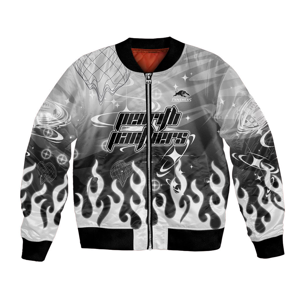 Personalized Penrith Panthers Bomber Jacket Y2K Grunge Aesthetic With Cyber Flames and Starburst Graphics