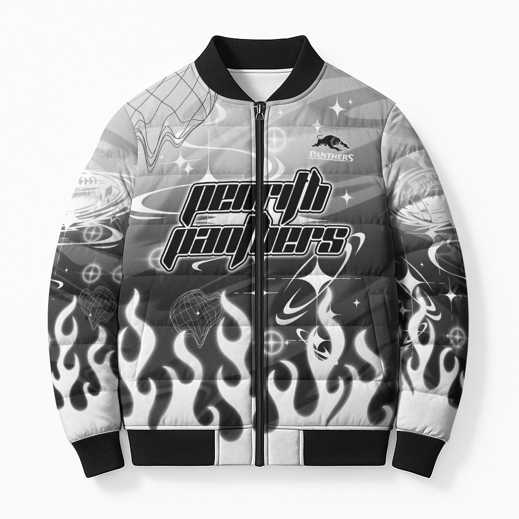 Personalized Penrith Panthers Bomber Puffer Jacket Y2K Grunge Aesthetic With Cyber Flames and Starburst Graphics