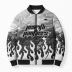 Personalized Penrith Panthers Bomber Puffer Jacket Y2K Grunge Aesthetic With Cyber Flames and Starburst Graphics
