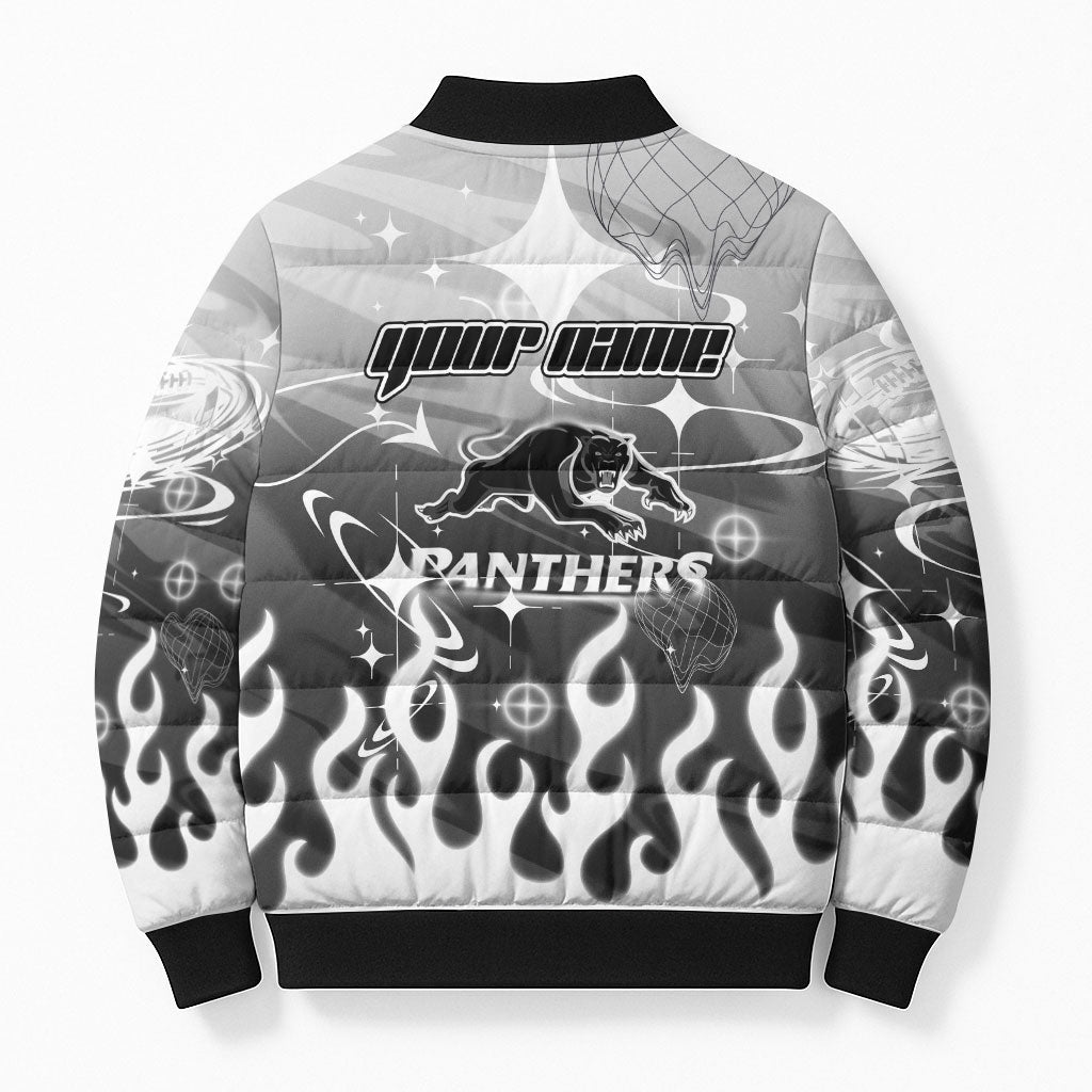 Personalized Penrith Panthers Bomber Puffer Jacket Y2K Grunge Aesthetic With Cyber Flames and Starburst Graphics