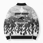 Personalized Penrith Panthers Bomber Puffer Jacket Y2K Grunge Aesthetic With Cyber Flames and Starburst Graphics