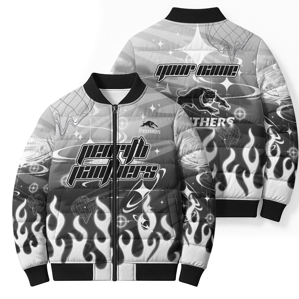 Personalized Penrith Panthers Bomber Puffer Jacket Y2K Grunge Aesthetic With Cyber Flames and Starburst Graphics