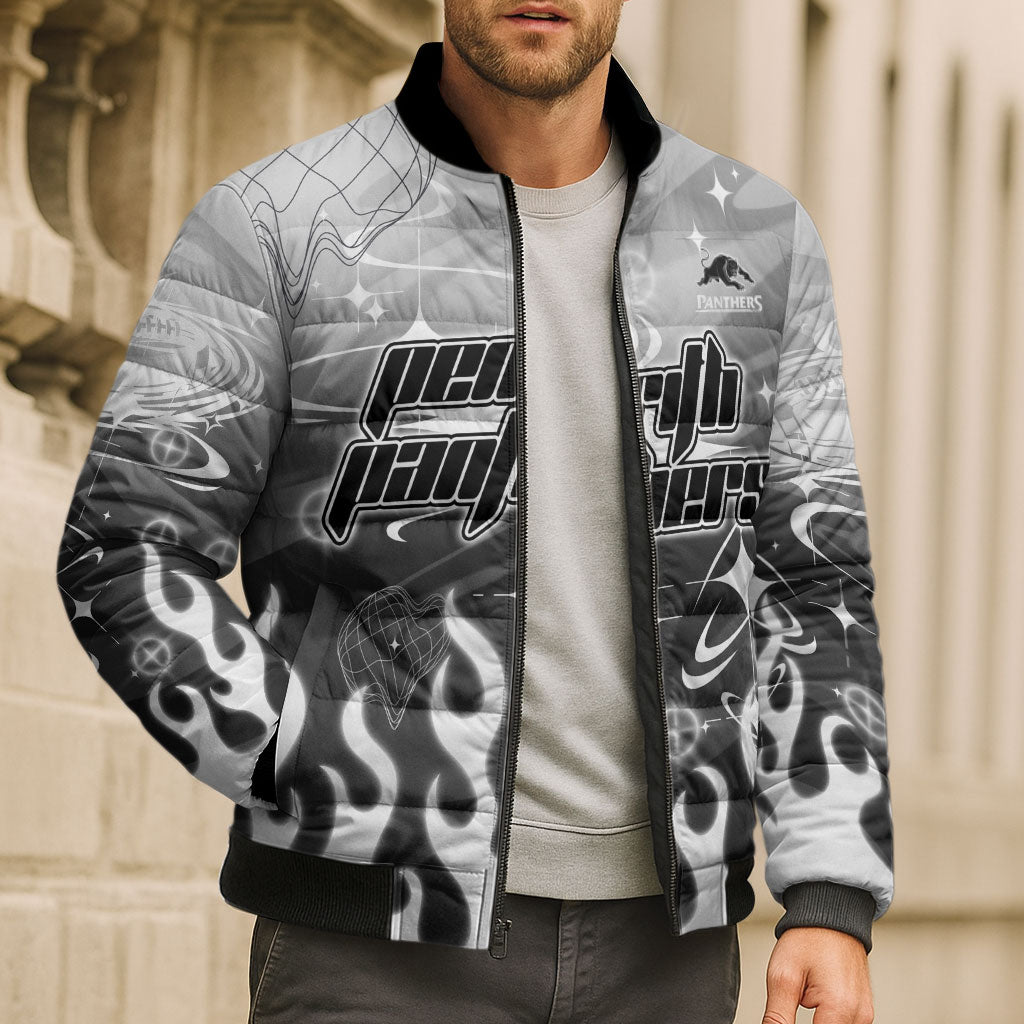Personalized Penrith Panthers Bomber Puffer Jacket Y2K Grunge Aesthetic With Cyber Flames and Starburst Graphics